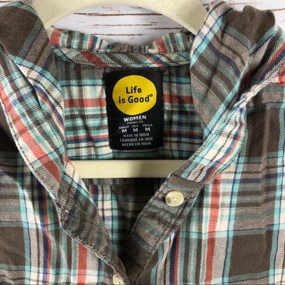 Life Is Good brown plaid hi low button up hood top - Picture 5 of 8